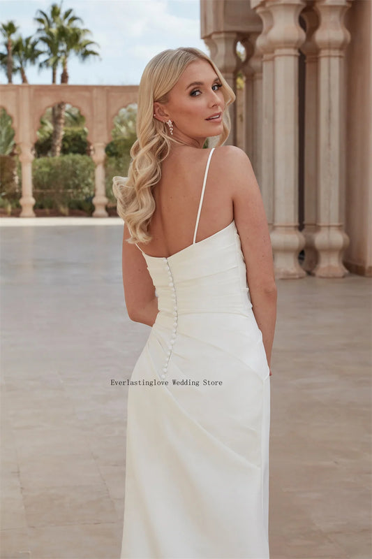 Elegant Spaghetti Strapsl Pleat Sheath Wedding Dreses Side Slit Detachable Train 2 In 1 Custom Made Bridal Grown