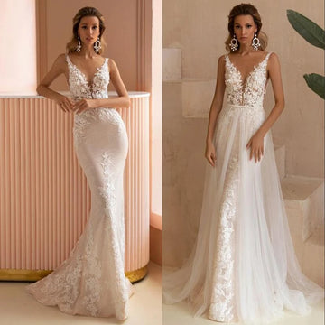 Customized Lace Mermaid Wedding Dresses Detachable Train V-Neck Backless Vestidos De Novia Appliques Backless Vestido De Noiva