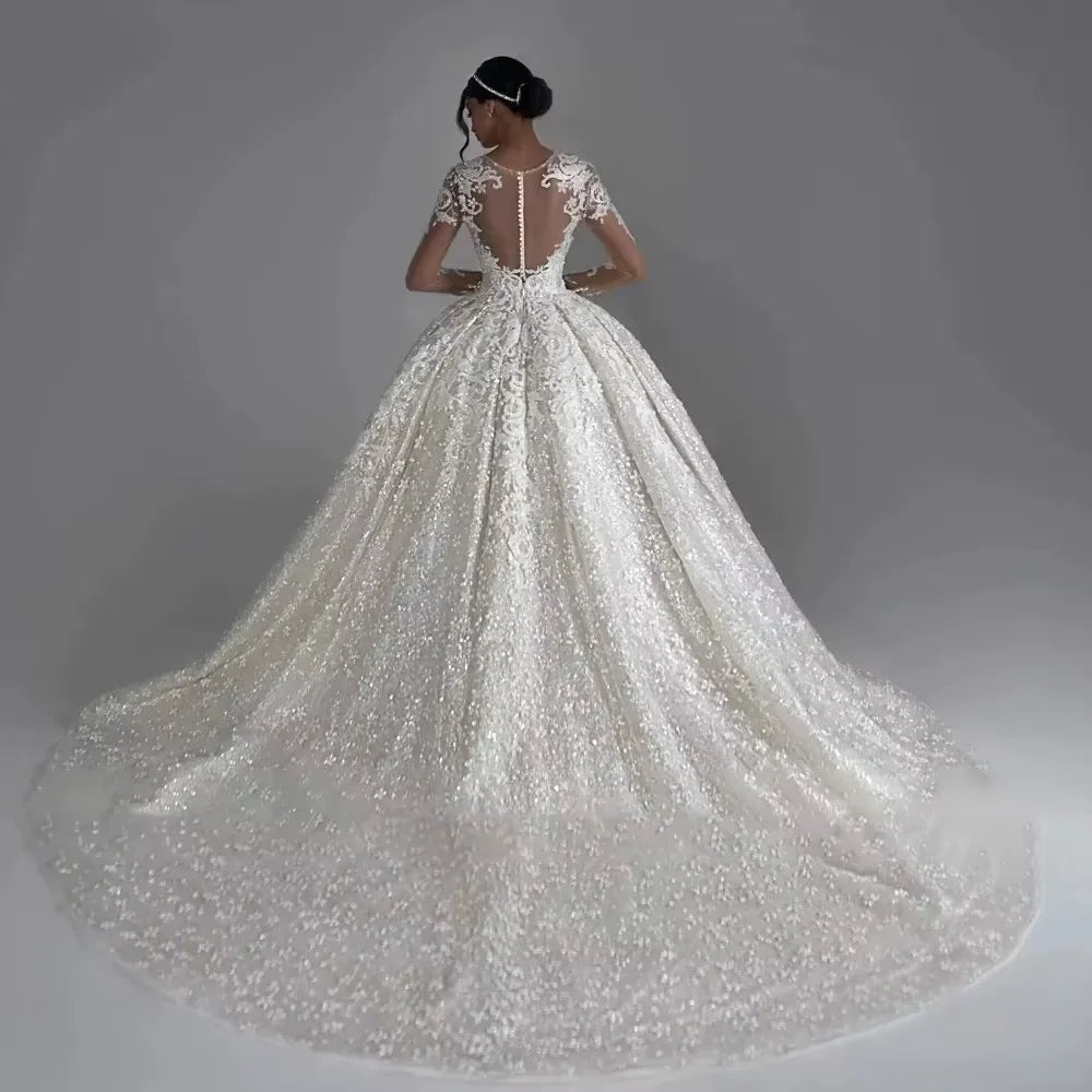 Customized Luxury Lace Appliques Wedding Dresses O-Neck Long Sleeve Ball Gown Vestidos De Novia Gorgeous Robe Mariée Dress