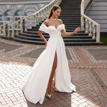 Wedding Dresses Sexy Off Shoulder Sexy Pleated Satin Brides Wedding Party Gown High Slit Elegant Bridal Dress Customized