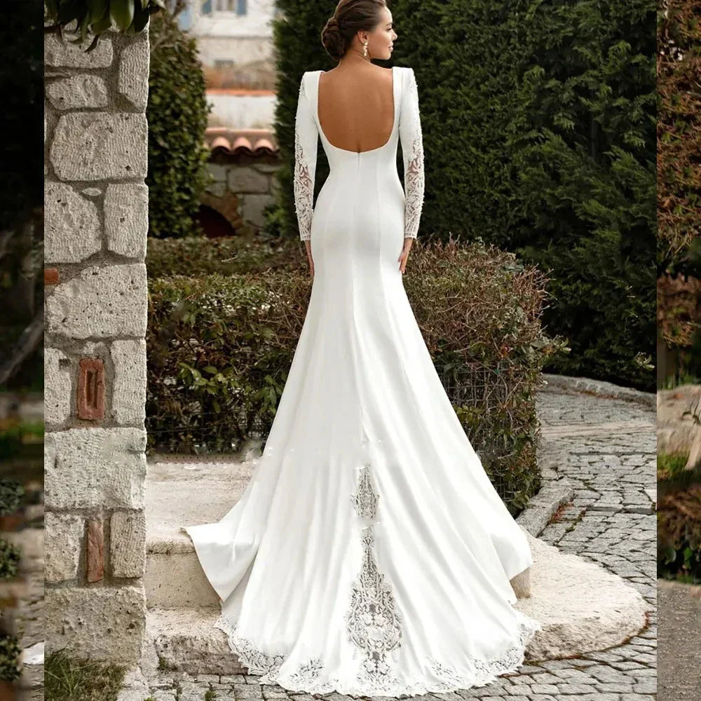 Classic Wedding Dress 2026 Deep V Neck Full Sleeves Lace Appiques Open Back Satin Bride Dresses Vestidos Robe Mariage