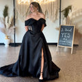 Elegant Black Off Shoulder Corset Formal Evening Gown with Bow Side Slit Satin Ball Gown Bridesmaid Party Dress Customized