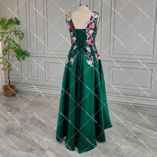 A Line Maxi Embroidered Blossom Evening Dress Lace Up Closure Satin Emerald Green Customized Backless Floral Colorful Prom Gown