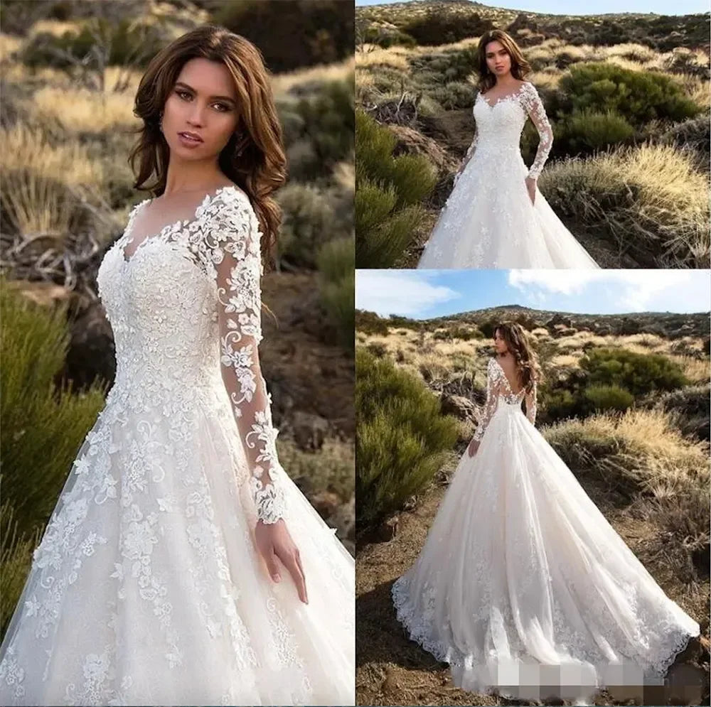 2024 Modest Long Sleeves A Line Wedding Dresses V Neck Lace Appliqued Sweep Train Plus Size Wedding Bride Gown vestido de novia