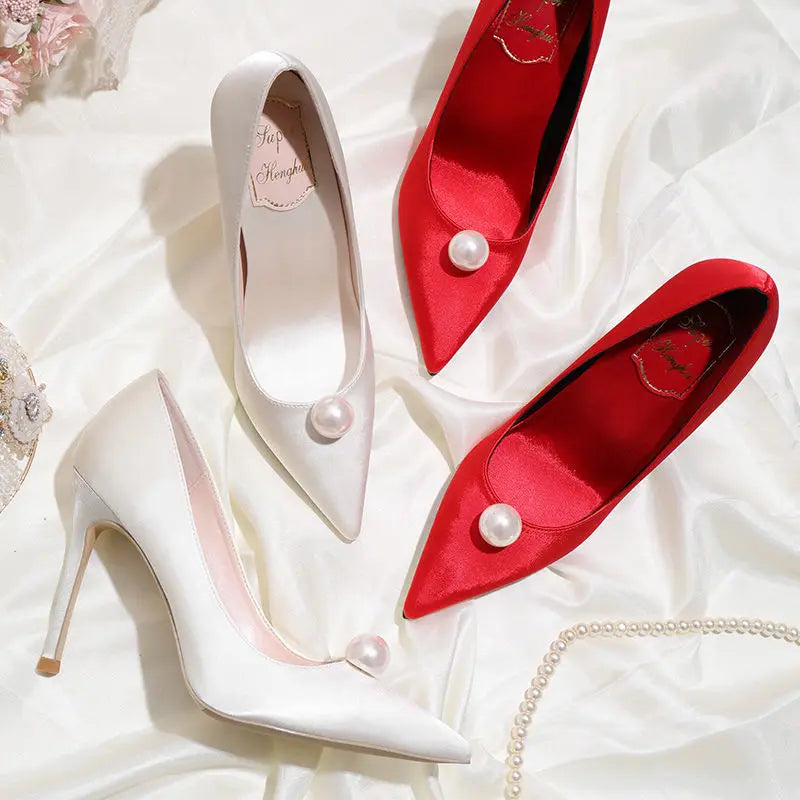 Summer New Elegant Ladies Bridal Wedding Party Shoes Pearl Satin Pumps Fashion Versatile Wedding High Heels Solid Color