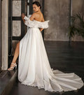 A-line boat neck bridal gown ruched satin high split formal party wedding dress