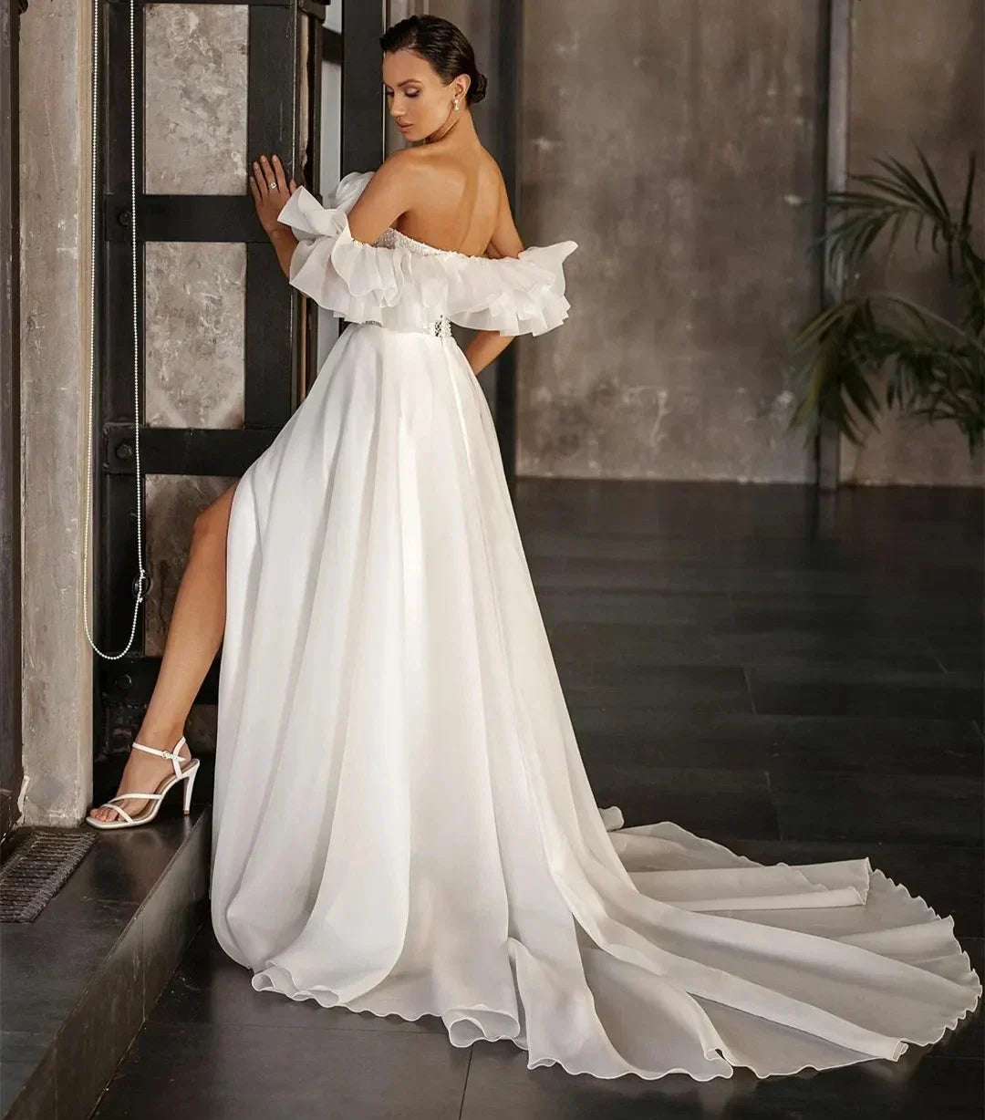 A-line boat neck bridal gown ruched satin high split formal party wedding dress