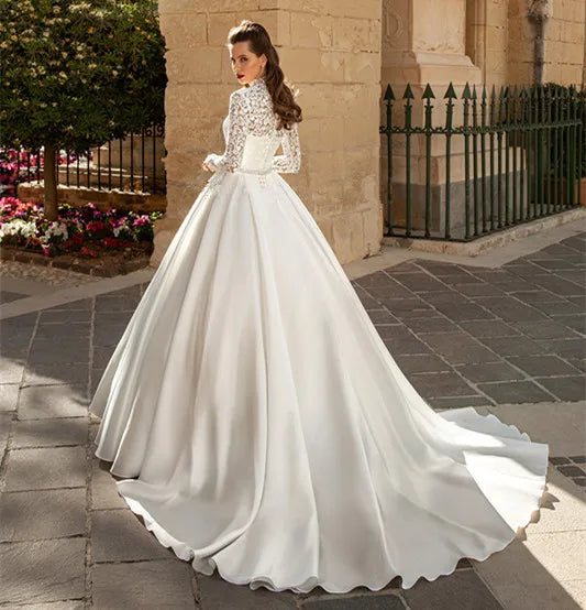 Vestidos De Novia Simple Vintage White Satin Wedding Dress Plus Size Long Sleeves Princesa Bridal Gown Custom Made Robe Mariée