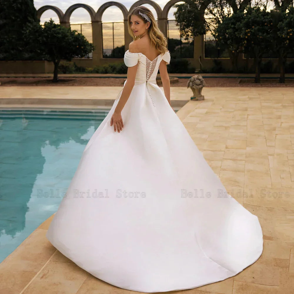 Simple Off Shoulder Wedding Dresses Boat Neck Sleeveless Bridal Gowns Back Button Floor Length A-Line Vestidos De Novia
