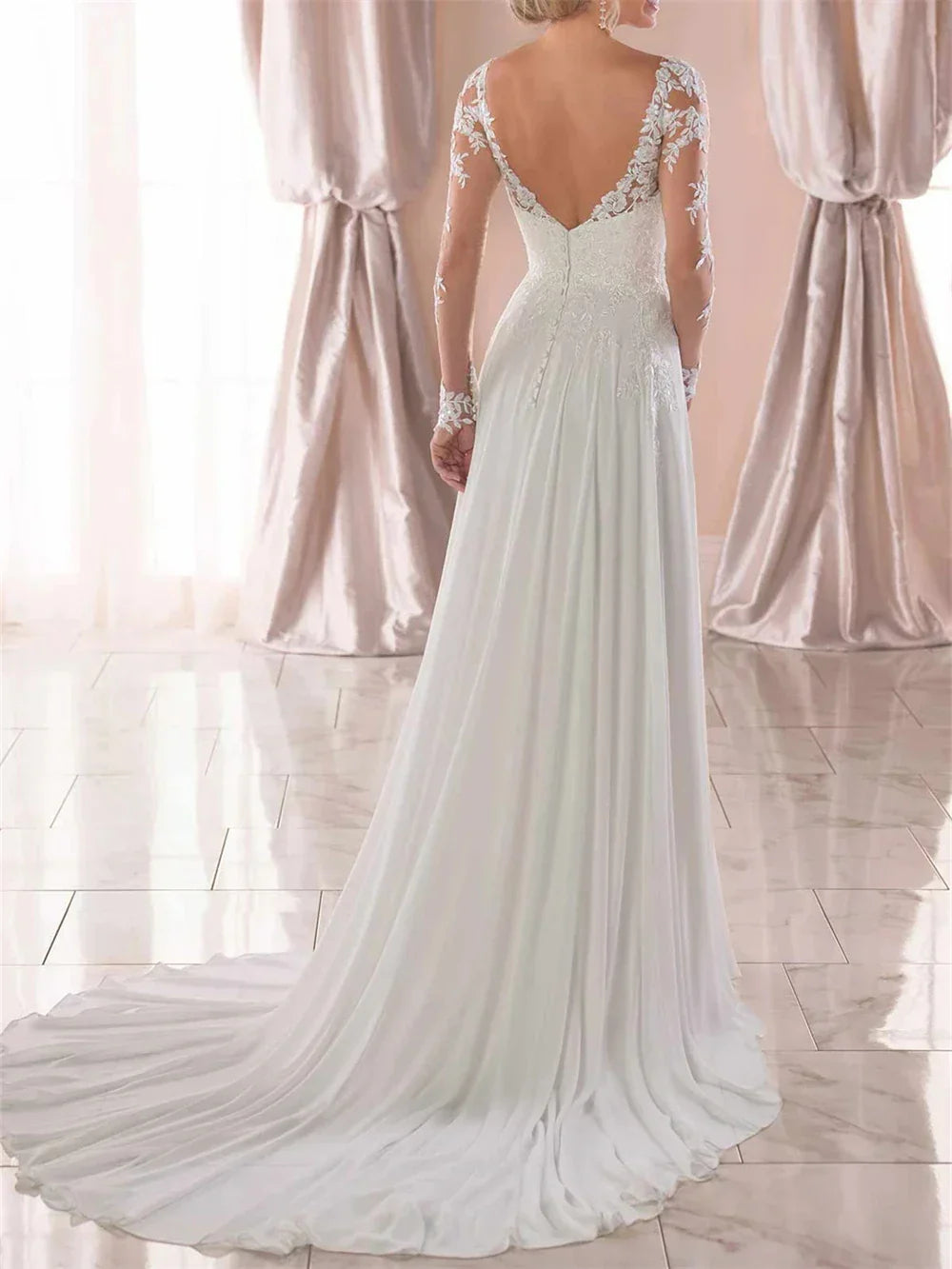 Casual long sleeve lace chiffon bohemian beach bride boho bridal gown wedding dress
