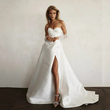 Bohemian Wedding Dresses Satin Wedding Dance Party Dress Sexy High Slit A-Line Bride Dress Formal Bridal Gown Customized