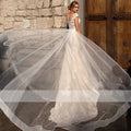 Illusion train boho cap sleeve sheath tulle lace button appliques wedding dress bridal gown back view