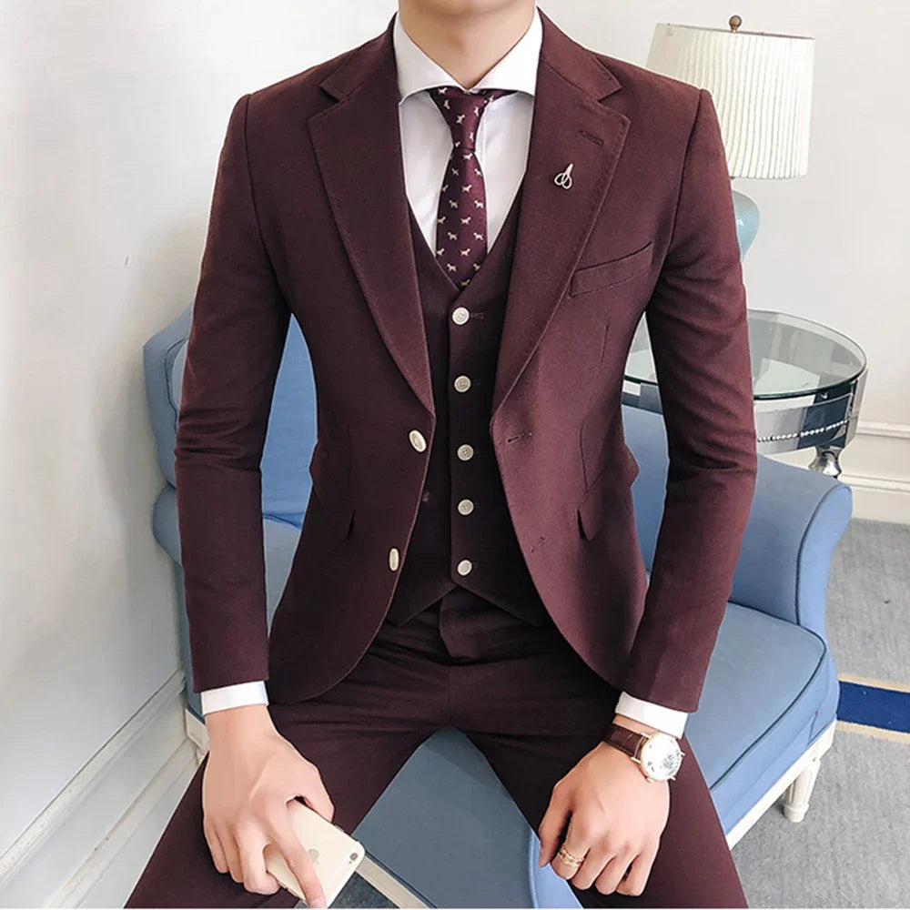 Wedding business men suit 3 piece slim notch lapel casual blazer vest pants back view