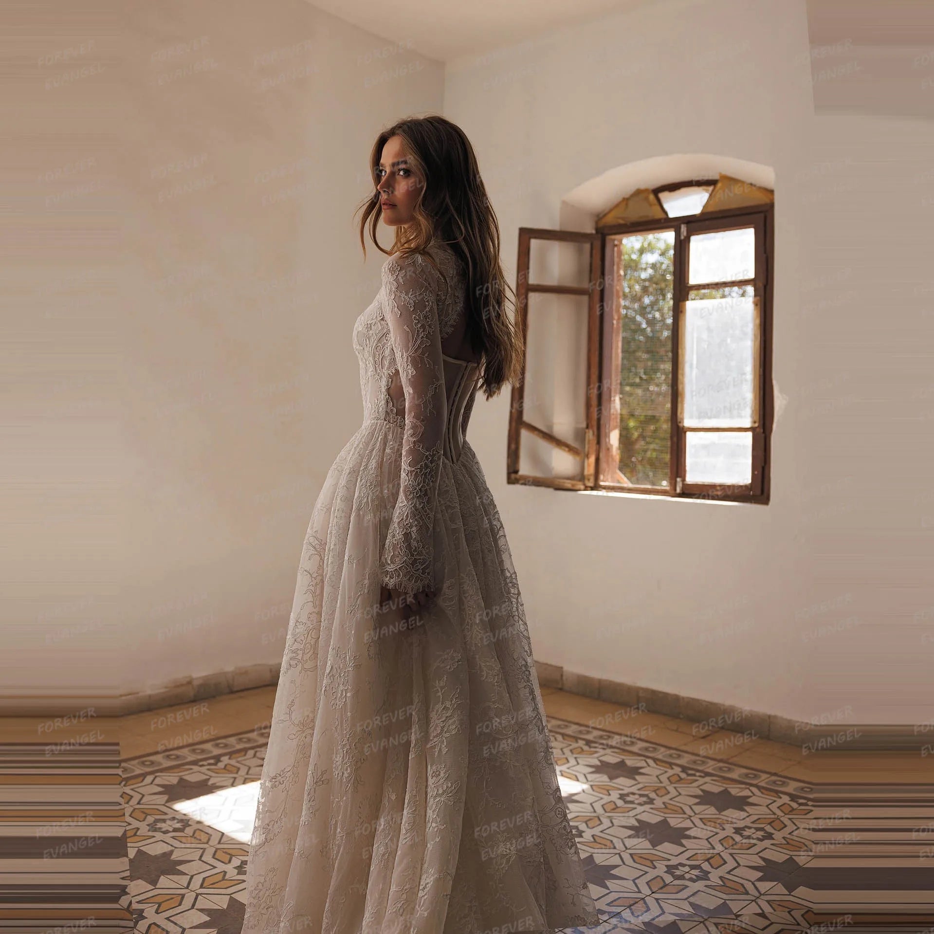 Simple Wedding Dresses A Line Woman's Sexy Lace Shiny Long Sleeve Bride Gowns Formal Appliques Customized Vestidos De Novia