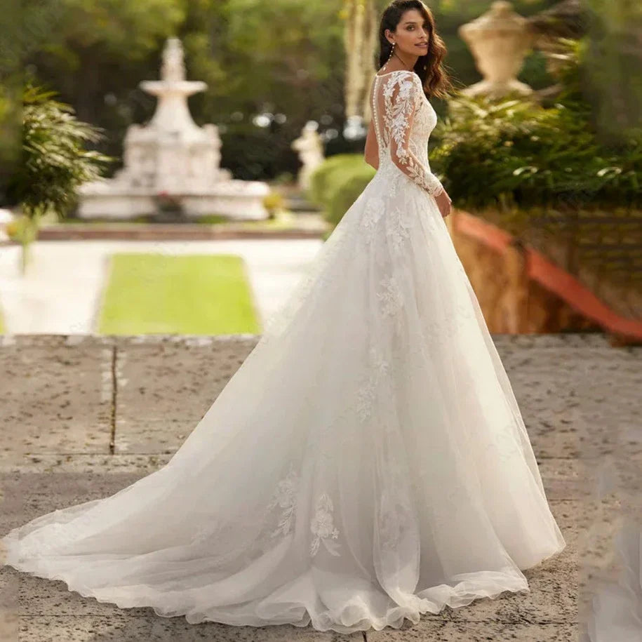 Illusion back V-neck A-line exquisite lace applique women wedding dress bridal gown side view
