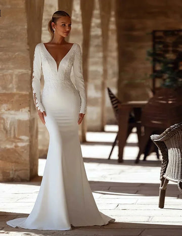 Customized V-Neck Mermaid Satin Wedding Dresses Long Sleeves Lace Appliques Bridal Gowns Sexy Backless Vestidos De Novia
