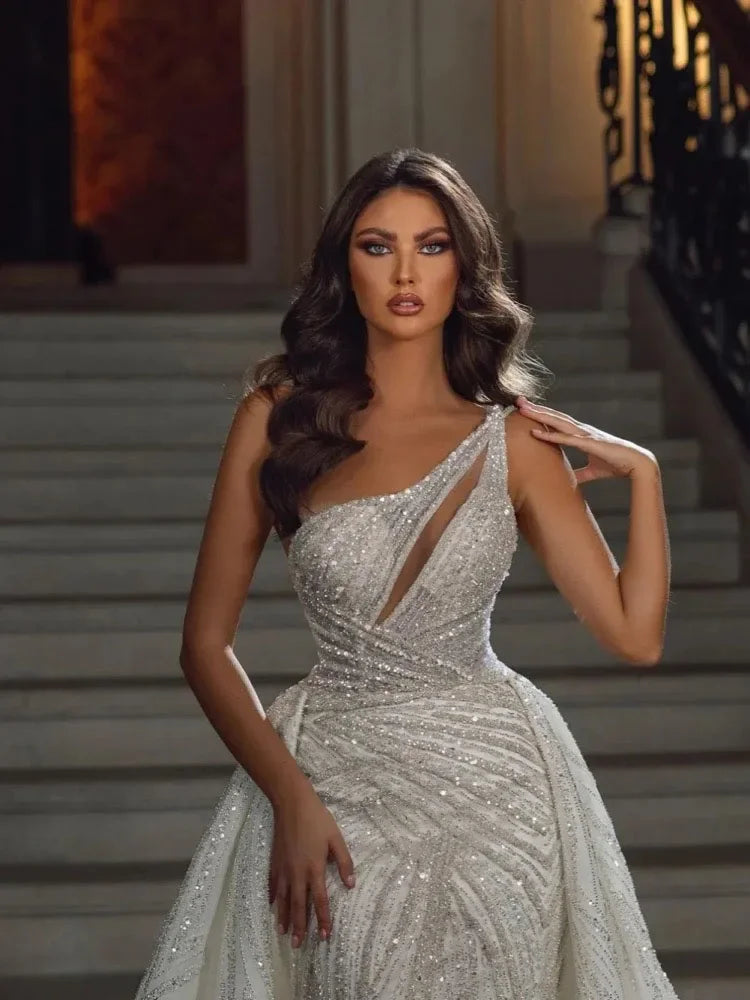 Customized Luxury Mermaid Sparkly Sequins Bead Wedding Gown One Shoulder Bridal Dress Elegant Bride Robe Vestido De Novia
