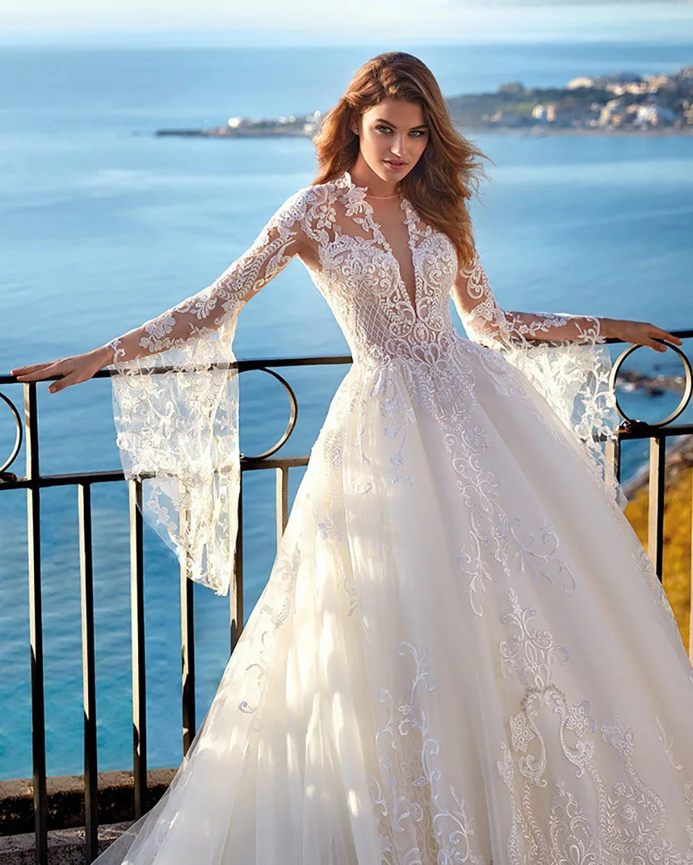 Wedding Dresses Women Long Sleeve Ball Gown Deep V Bridal Dress Luxury Wedding Gown Formal Brides Gown Customized