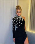 One shoulder diamonds black long bandage elegant woman evening party red carpet dress ivory