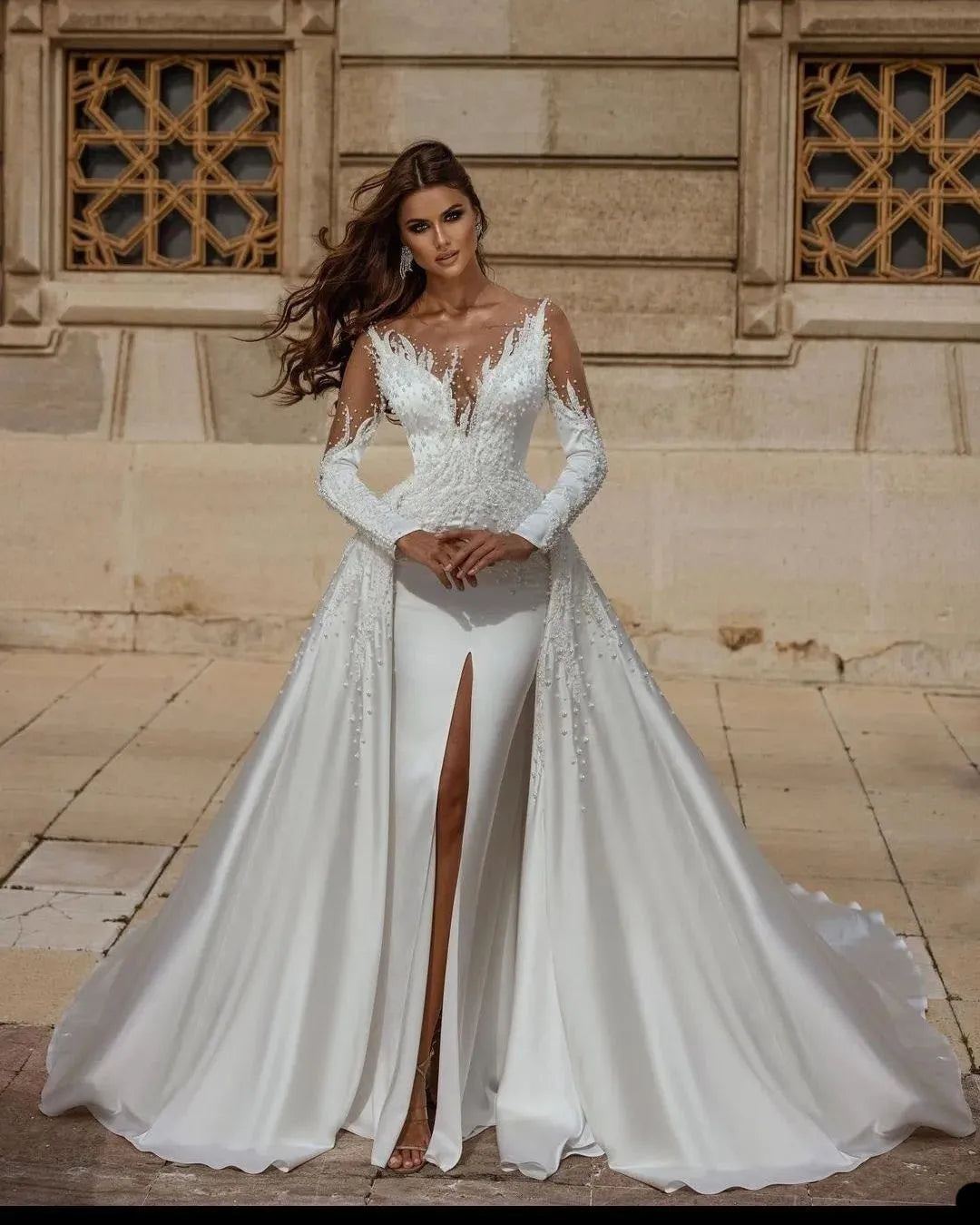 Glamorous front split pearls appliques sheer neck jewel overskirts wedding dress custom made bridal gown