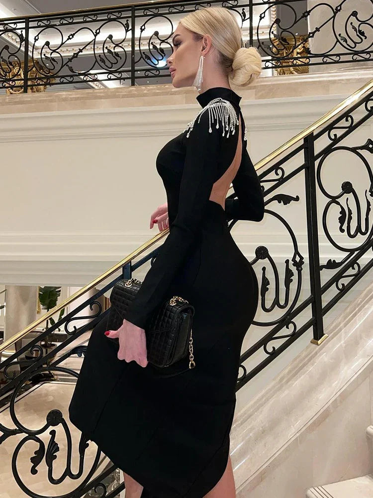 CNYISHE Beading Split Sexy Club Women Dresses Half High Neck Long Sleeve Streetwear Backless Slim Bodycon Female - Image 3
