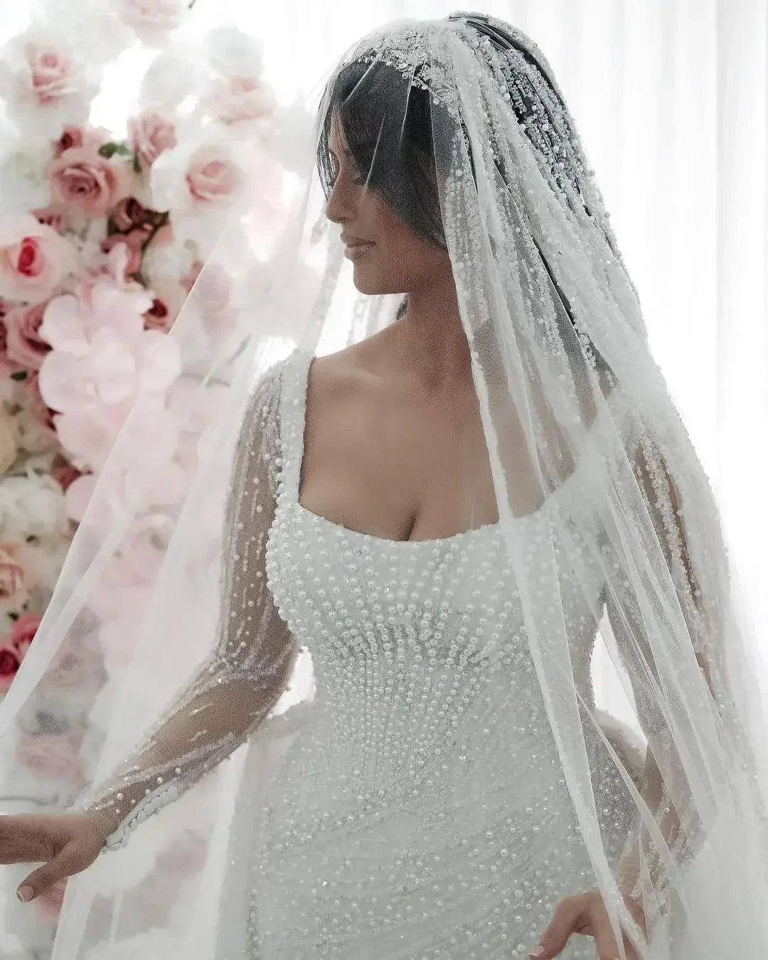 Customized Exquisite Mermaid Wedding Dresses Lace Satin Pearls LONG Sleeveless Bridal - Image 2