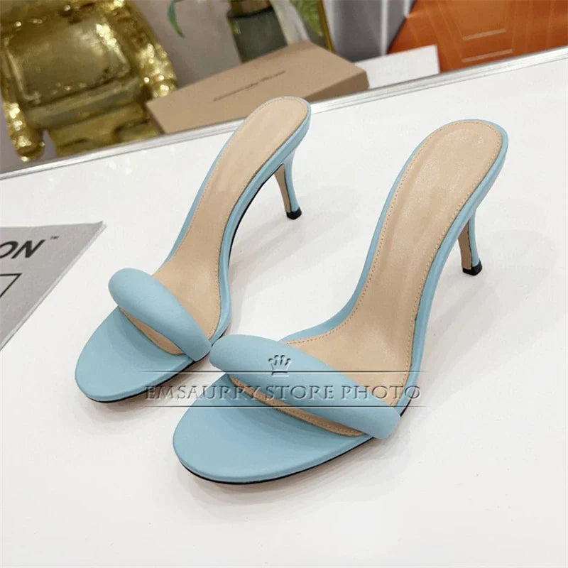 Summer kitten heel slim genuine leather narrow band one strap slingbacks mules sandals close-up