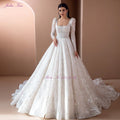 Gorgeous Sequined Embroidery Lace Square Collar A-line Wedding Dresses With Full Sleeves Court Train