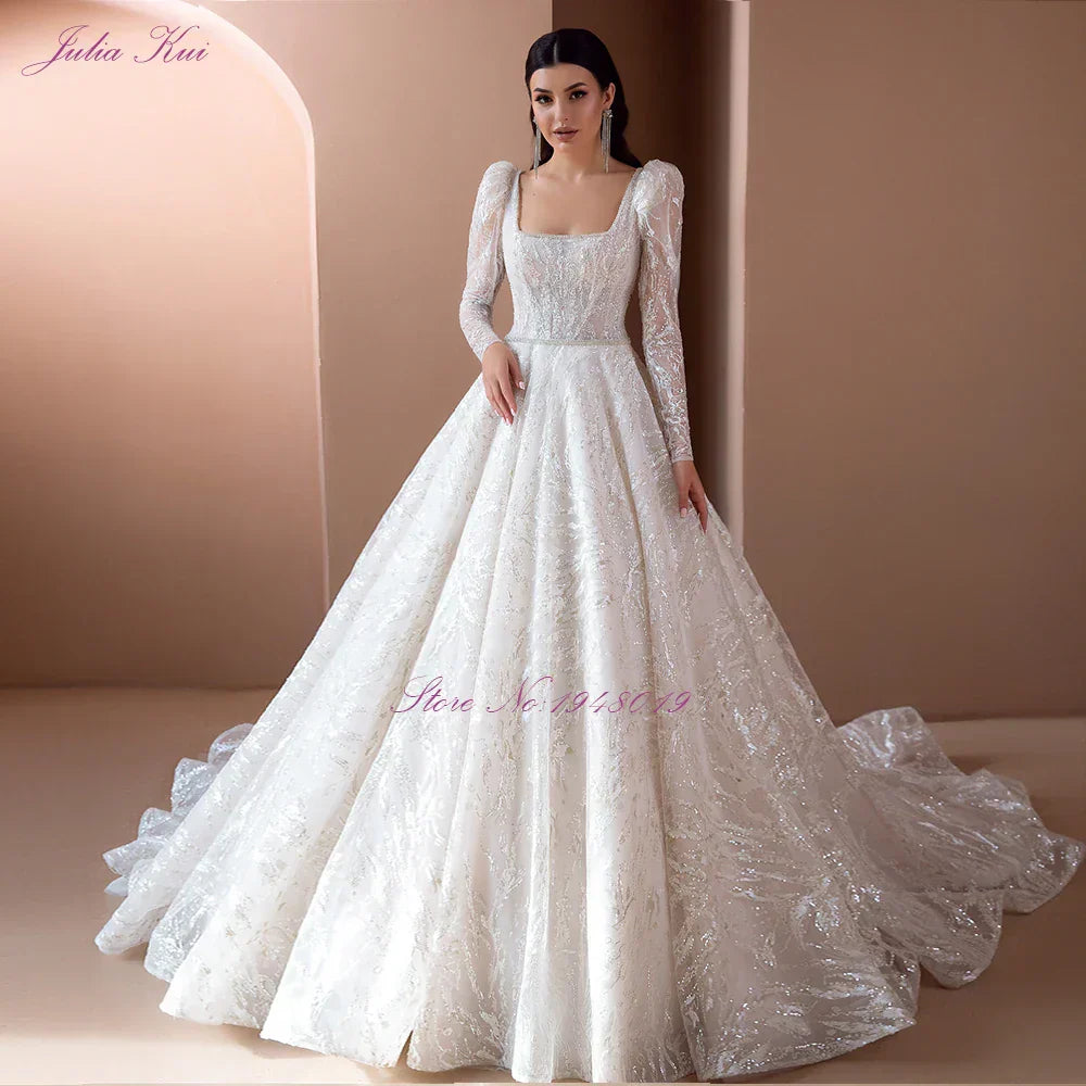 Gorgeous Sequined Embroidery Lace Square Collar A-line Wedding Dresses With Full Sleeves Court Train