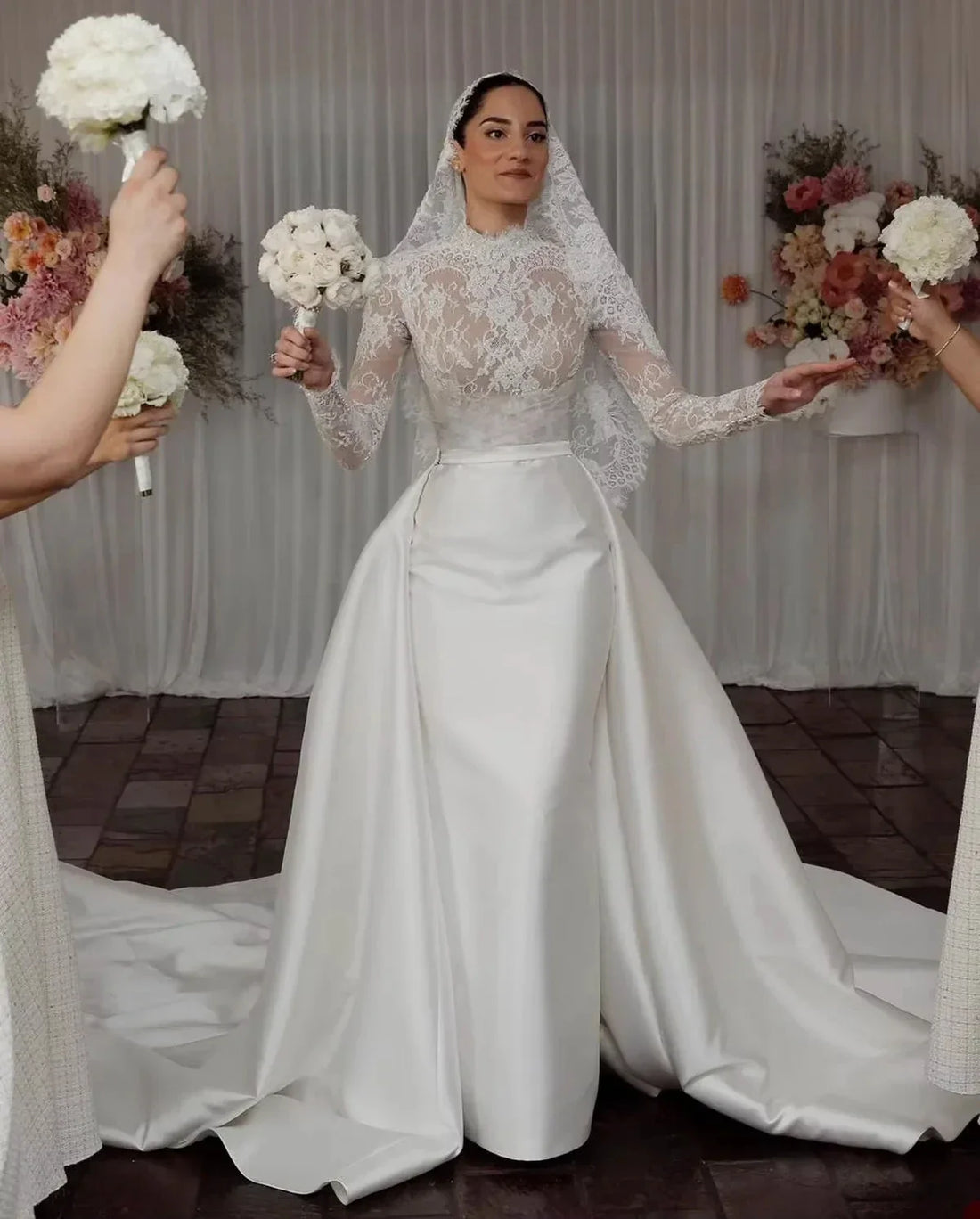 Modern classic mermaid wedding dress 2026 high neck long sleeves beads sequins satin lace bridal gown