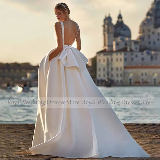 Satin Wedding Dresses Ivory Deep V Neck A Line Backless Sexy  Gowns for Women Sleeveless Ruffle Elegant Bridal Dress Long