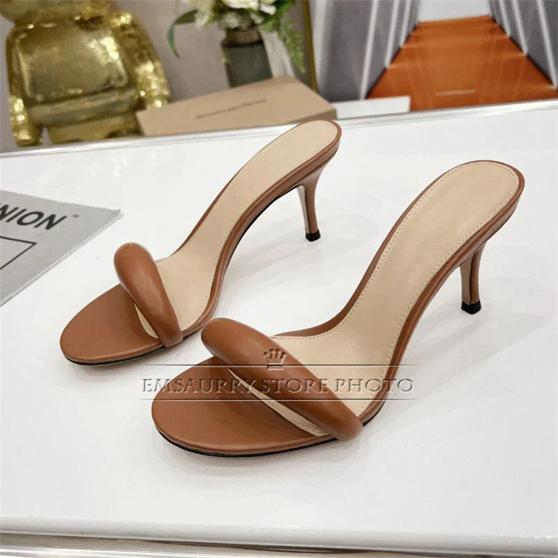 Kitten heel narrow band one strap slingbacks genuine leather slim summer mules sandals women