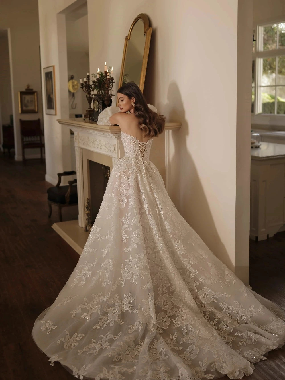 Strapless A-line lace wedding dress with puff sleeves – detail view – Snowy Bridal
