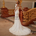 Beading O-neck mermaid full sleeve detachable train bridal gown back view