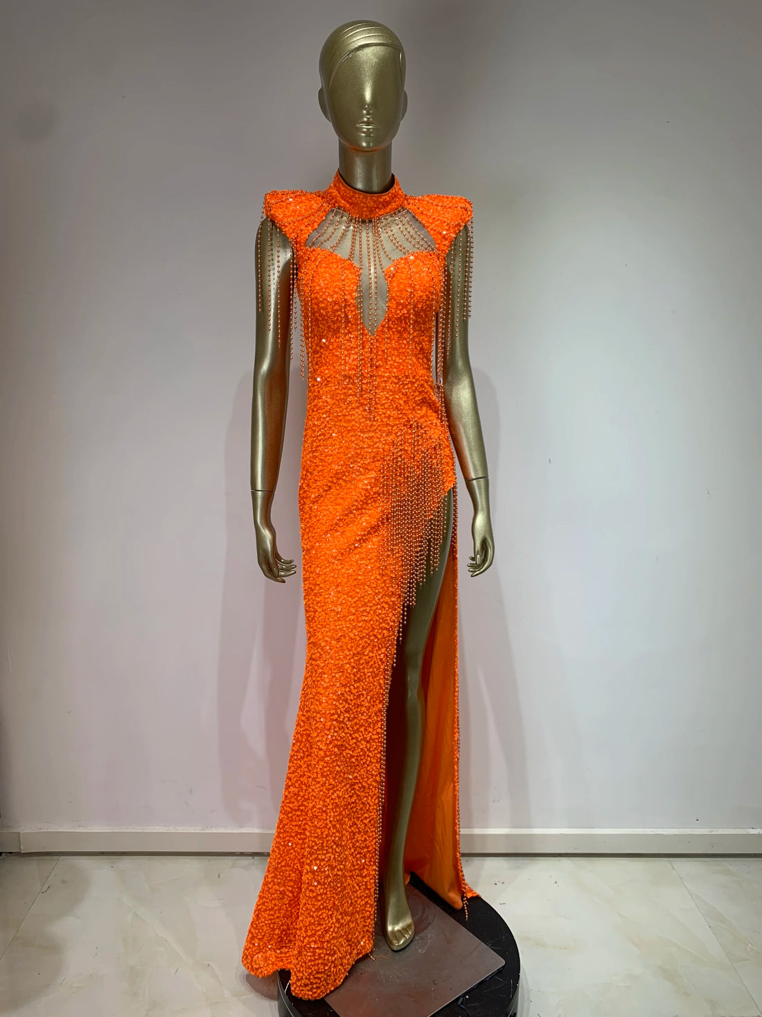STOCK Luxury Sexy Tassel Sequins Split Orange MaxiDress Elegant Party Evening Stage Performance Dress Costume Vestido