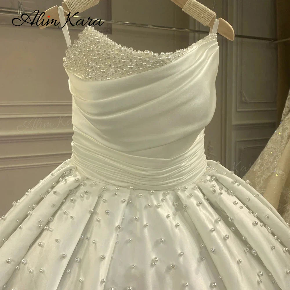 Ball Gown Wedding Dress Gorgeous Pearls Sleeveless Chapel Train Bridal Princess XZ41