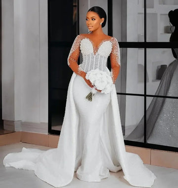 customized Aso Ebi Mermaid Wedding Dress Bridal Gowns Detachable Train Illusion Beaded Lace Pearl Vestidos De Noiva