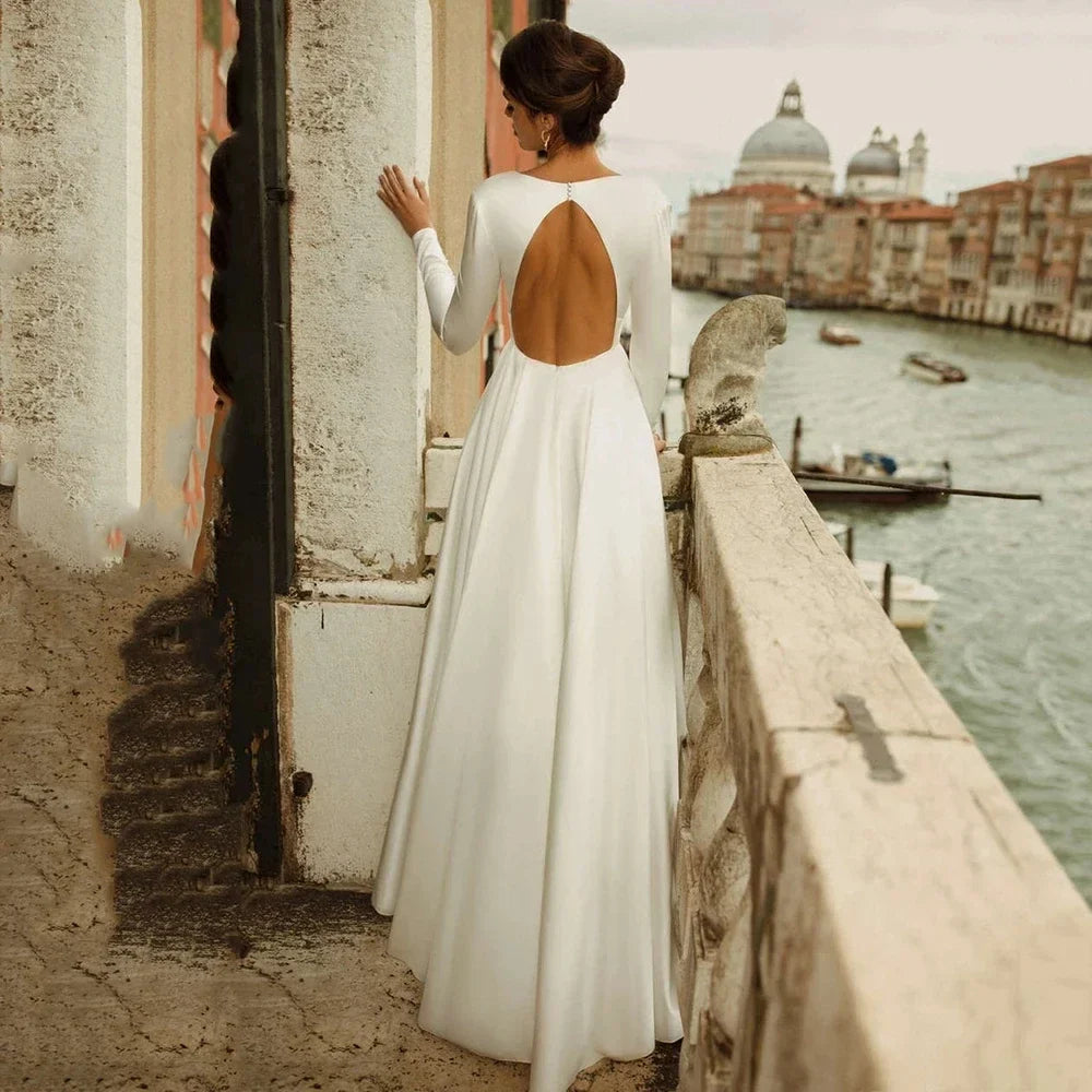 Flavinke customized Scoop Neck Deep V Wedding Dresses Open Back Floor Length Satin Long Sleeve Prom Party vestidos de novia
