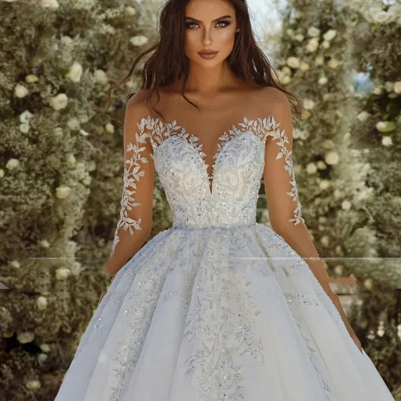 Sexy classic scoop neck long sleeves ball gown wedding dress beading appliques shiny princess bridal gown