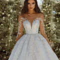 Scoop neck long sleeves beading appliques shiny sexy princess ball gown classic wedding dress bridal gown ivory