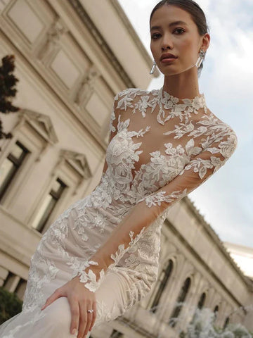 High-Neck Mermaid Wedding Dress Elegant Organza With Embroidery Lace Ball Gown Full Sleeve Bride Dress Button Vestido De Novia
