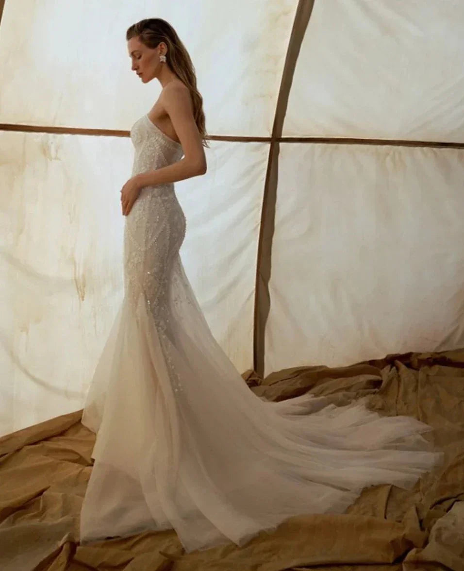 Sparkle strapless sequined mermaid sweetheart tulle flare tail bridal gown front view