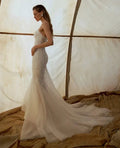Strapless sequined mermaid sweetheart sparkle tulle flare tail bridal gown side view
