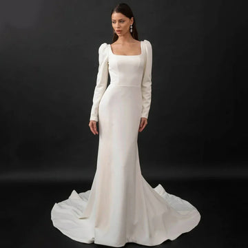 Civil Wedding Dresses for Brides Square Collar Long Sleeves Bridal Grown Vestidos De Novia Backless Brides Dresses Customized