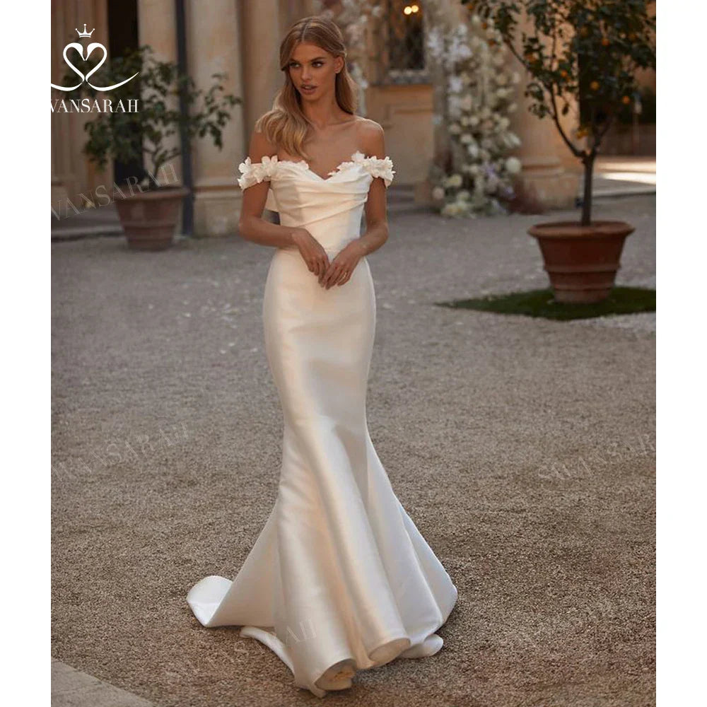 3D Flowers Mermaid Wedding Dress 2024 Off Shoulder Satin Detachable Train Princess Bride Gown SwanSarah M254 Vestido De Novia