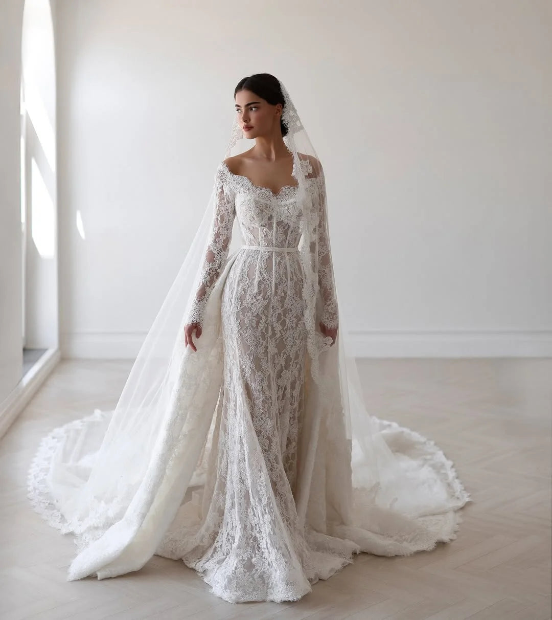 V-neck mermaid wedding dress detachable tail long sleeve romantic lace appliques bridal