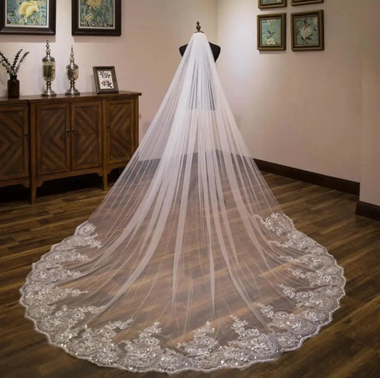 White Ivory 3*3 Meter Cathedral Wedding Veils Lace Appliques Bridal Veil
