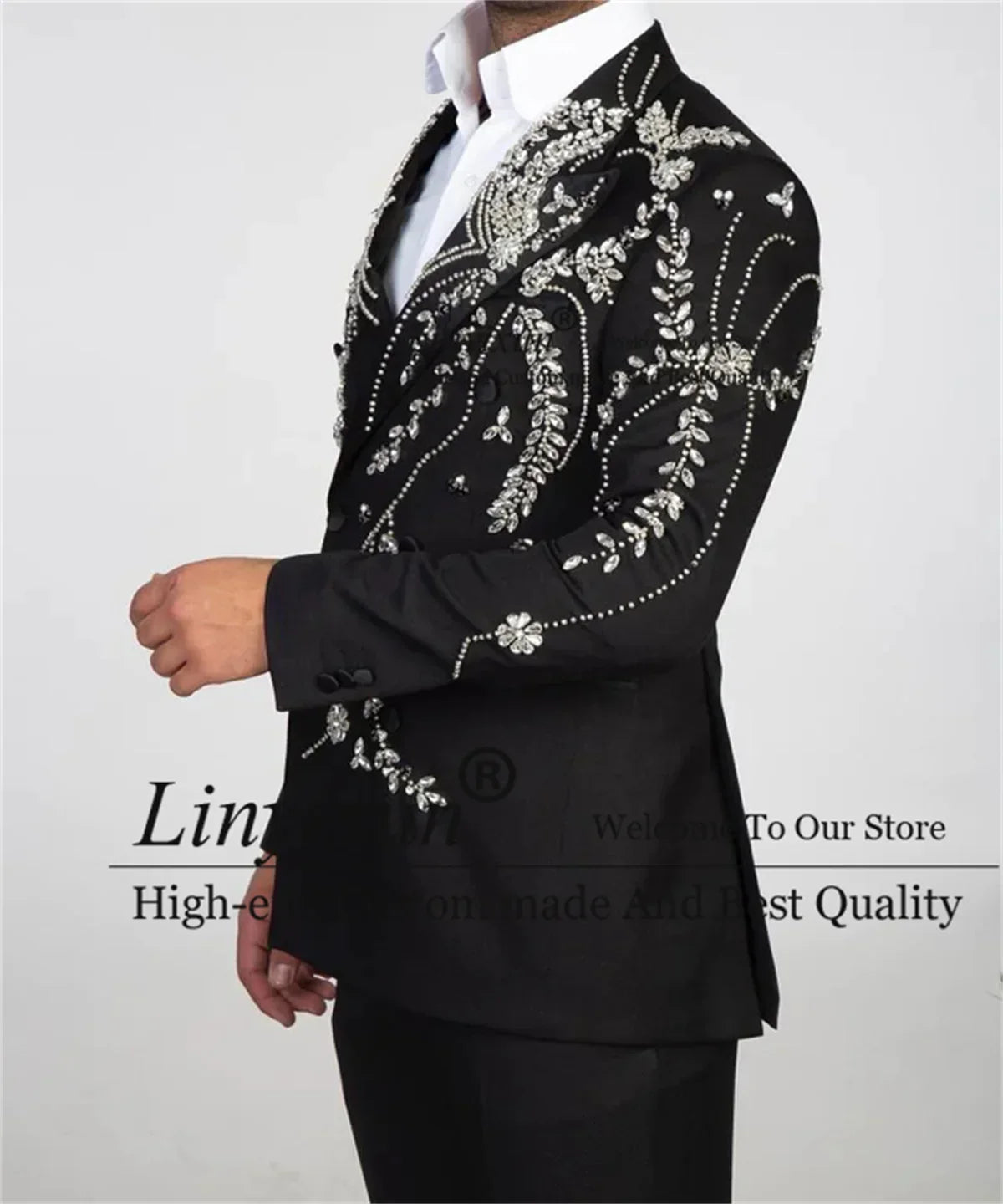 Luxury Beaded Wedding Suits For Men Double Breasted Male Prom Blazers Outfits 2 Pieces Sets Groom Tuxedos Slim Fit Costume Homme