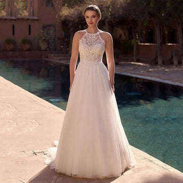 Boho A-Line Women Wedding Dresses Halter Collar Tulle Bridal Gowns Vestidos De Novias Customized Women Wedding Gowns