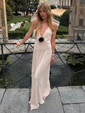 Sheer flower sleeveless elegant backless deep V-neck sexy maxi long evening club dress close-up